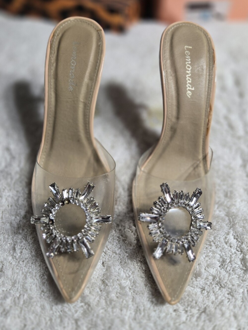 Lemonade Midnight Nude Crystal Sunburst Pointed Heel Clear Sz 8 With Box
